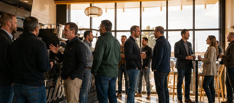 A room full of veterans and local business leaders standing with coffee in hand, deep in conversation beside the café windows