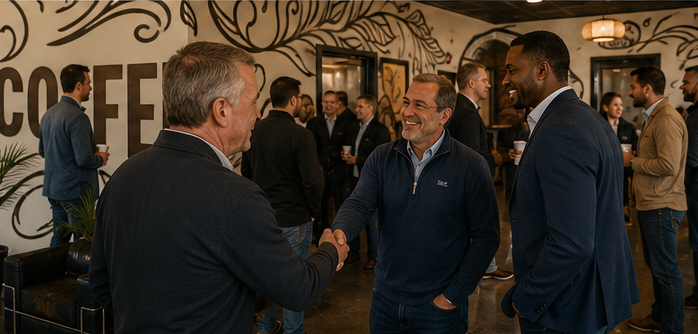 Two community leaders shaking hands while others talk over coffee in the background