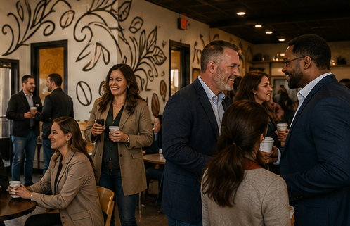 Entrepreneurs and veterans laughing together around café tables during a Ground Shield gathering