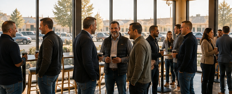 Veterans, entrepreneurs, and community members in conversation over coffee at a K9S Ground Shield gathering