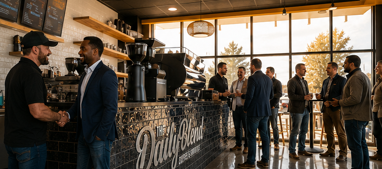 Veterans, entrepreneurs and community leaders talking over coffee at The Daily Blend café in Springfield, Missouri