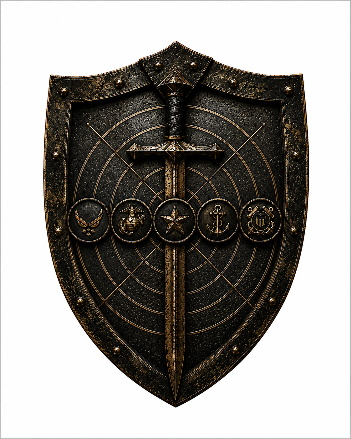 K9S Ground Shield official emblem — a distressed shield bearing a centered sword representing the Cross, a precision target, and the seals of the five United States Armed Forces branches